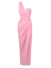 Pink one-shoulder dress on a white background
