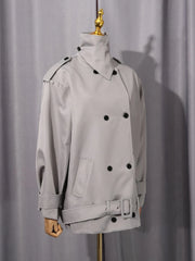 Grey Turn Down Collar Belted Short Trech Coat