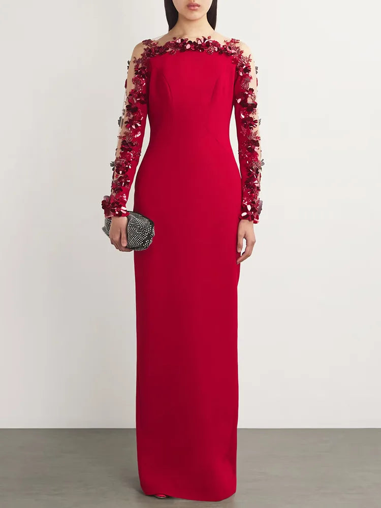 Red three-dimensional flower mesh sleeve maxi dress, front view