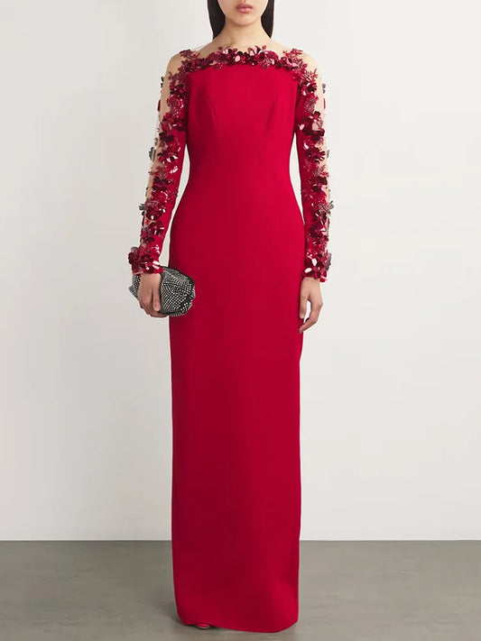 Red three-dimensional flower mesh sleeve maxi dress, front view