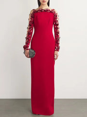 Red three-dimensional flower mesh sleeve maxi dress, front view