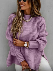 Women Knitted Sweater Solid Batwing Sleeve Side Split Pullover