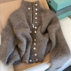 Mock Neck Zipper Button Knit Top
