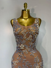 Embellished mesh column dress neckline detail