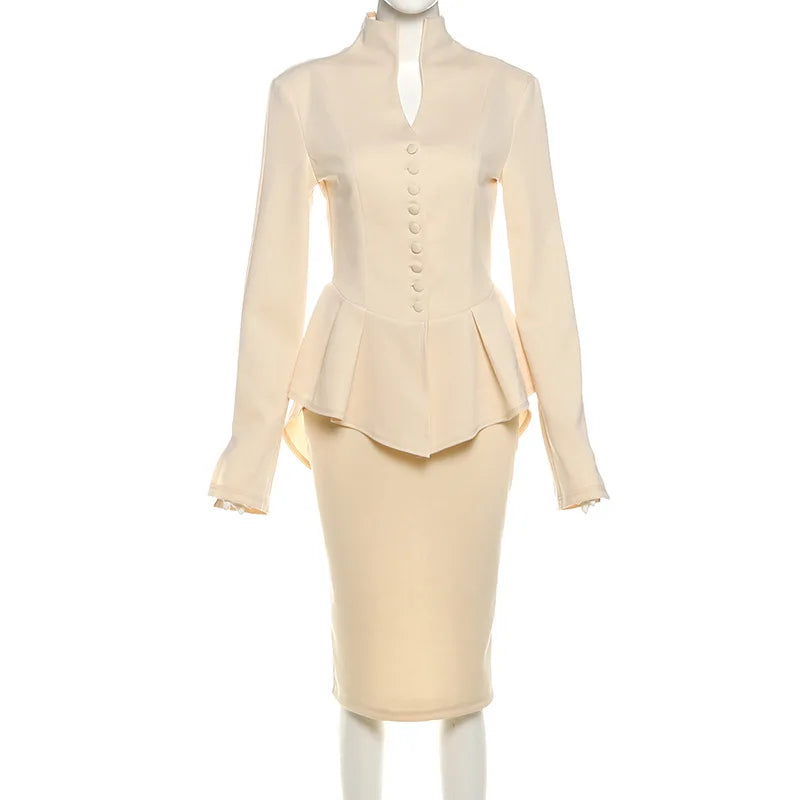 Beige suit on a mannequin against a white background