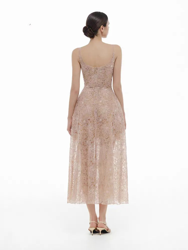 Embroidered Lace Sleeveless Midi Dress - Back View