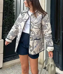 Cotton Printed Quilted Jacket Long Sleeve Patchwork Outerwear