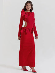 Bow Backless Red O Neck Long Sleeve Maxi Dress