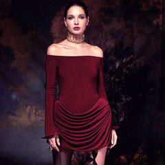 Woman wearing a Pleated Off-Shoulder Long Sleeve Mini Dress 