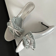 Pair of floral lace-up high heels with an open toe, suitable for weddings and special occasions. Silver Golden Atelier 3