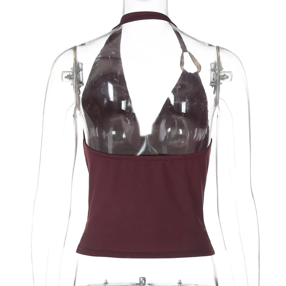 Red  Wine bikini top on a transparent mannequin with a white background