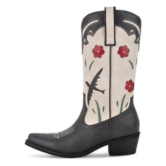 Black and white cowboy boot with floral design on a white background