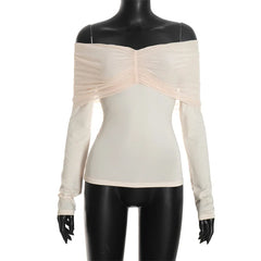 Off Shoulder Pleated Mesh Top