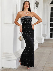 Pearl Design Bandage Strapless Long Dress