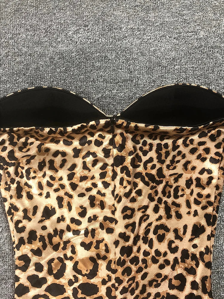 Leopard print strapless top on a gray background