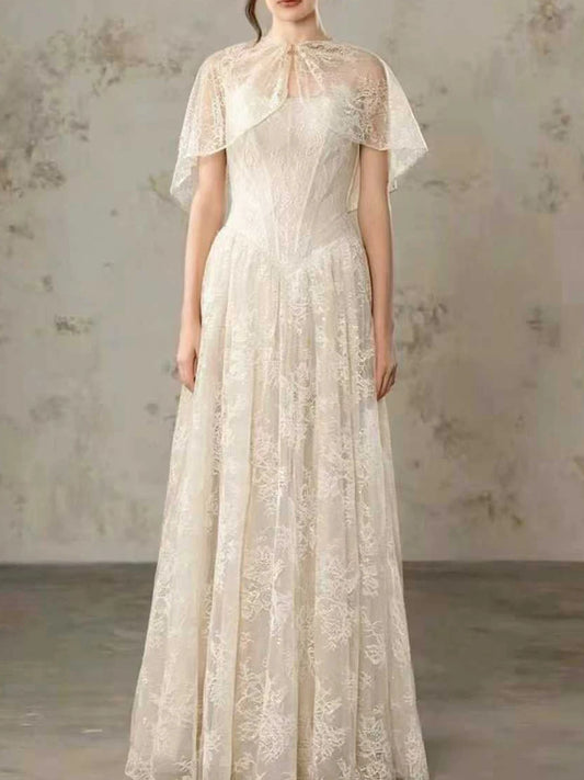 White lace cape sleeve maxi dress