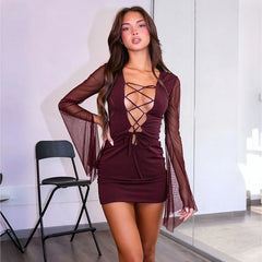 Burgundy mesh lace up mini dress with bell sleeves