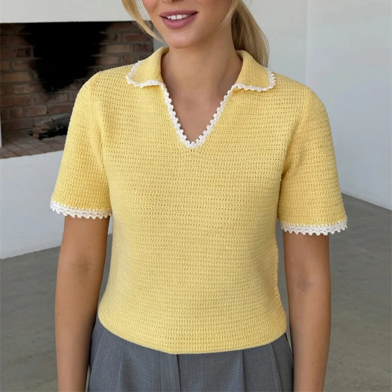 Crocheted V-neck contrast trim short sleeve cropped top in yellow