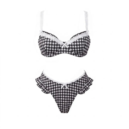 Houndstooth pattern bikini with white lace trim and matching beach pants