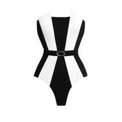Contrast Paneled Swimsuit and Skirt Set