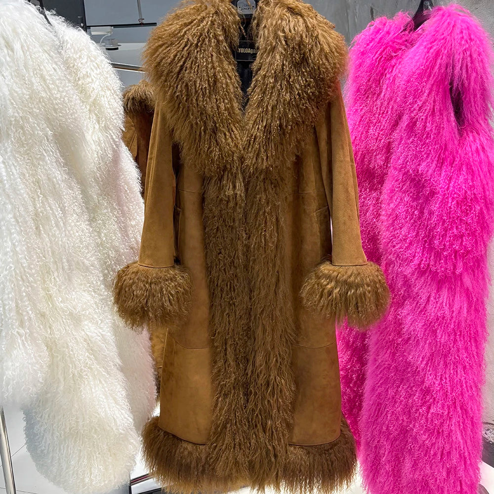 Brown fur coat with matching gloves and scarf displayed against a pink and white background.