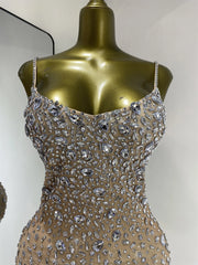 Crystal embellished spaghetti strap knee length dress side view detail