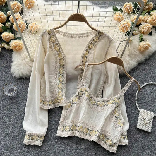 Cotton White Lace Floral Embroidery Long Sleeve Shirt