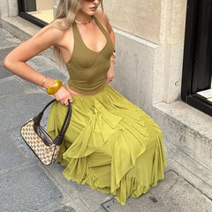 Close-up of flowing ruffled asymmetric hem maxi skirt