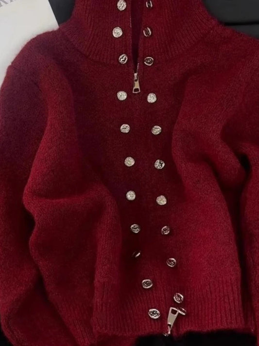 Mock neck zipper button knit top in red