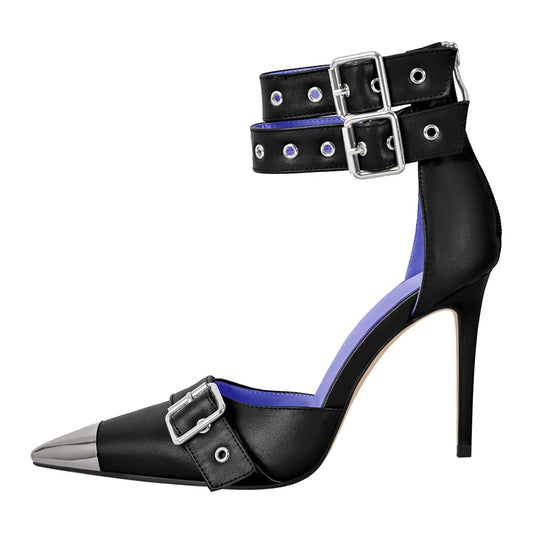 Side view of black pointed toe buckle ankle strap heels