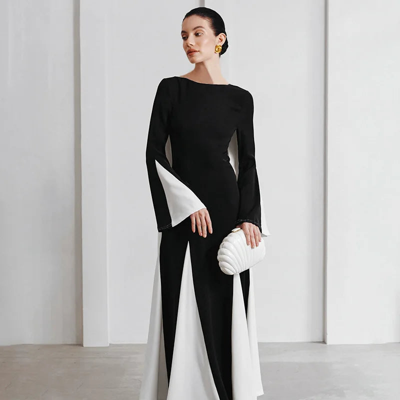 Black White Color Block Long Sleeve Maxi Dress