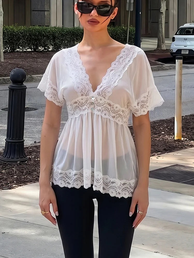 Sheer lace V-neck short sleeve top