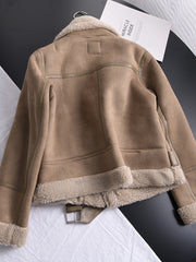 Thick Warm Suede Short Motorcycle Brown Coat Faux Sheepskin Leather