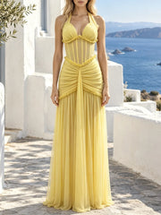 Sheath Halter Neck Ruched Maxi Dress