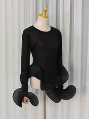 Close-up of the black sheer knit top showcasing sleeve and hem detail