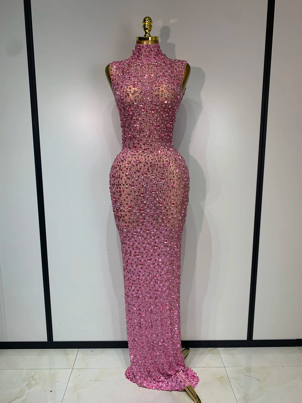 Light pink rhinestone embellished high neck sleeveless maxi dress