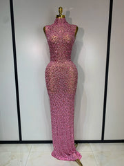 Light pink rhinestone embellished high neck sleeveless maxi dress
