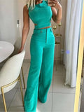 Women Hollow Out Cropped Top High Waist Long Pants Suits