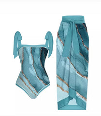 V-Neck Tie-Strap Swimsuit and Wrap Skirt Set