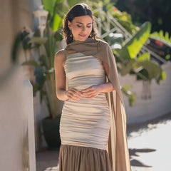 Satin Scarf Neck Ruched Maxi Dress