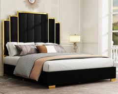 King Size Platform Bed Frame with Gold Trim Headboard
