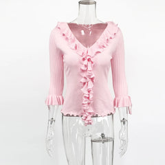 Ruffled V Neck 3/4 Sleeve Knit Cardigan Top