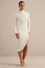 Long Sleeve Ruched Slit Turtleneck Midi Dress