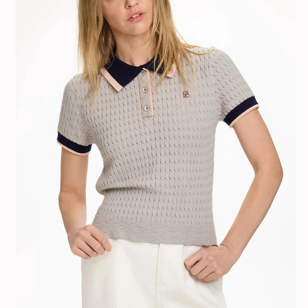 Grey ribbed trim knit polo top