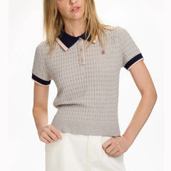 Grey ribbed trim knit polo top