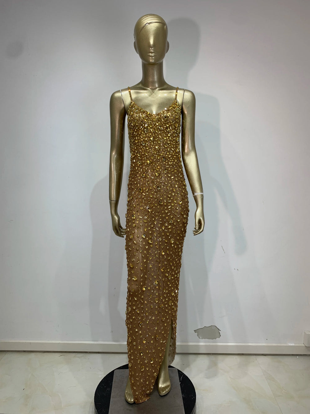 Gold embellished spaghetti strap floor-length dress