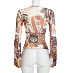 Printed Strap Tie-Up Long Sleeve Top