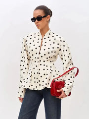 Polka dot peplum blazer with puff shoulders