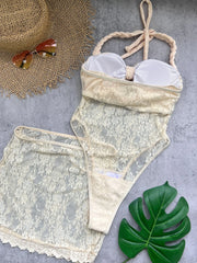 Lace Bow Detail Swimsuit and Skirt Beachwear