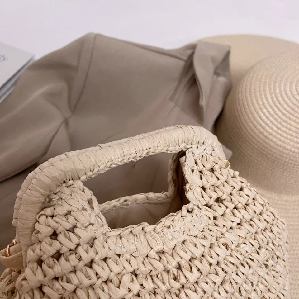 Woven beige bag on a neutral background